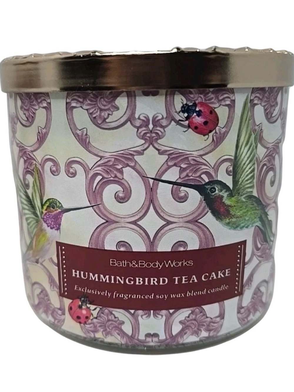Bath & Body Works Hummingbird Tea Cake 3 Wick Candle With Gold Decorative Lid